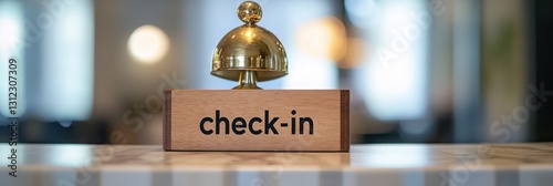 a hotel check-in desk with a golden bell and a wooden block sign that reads 