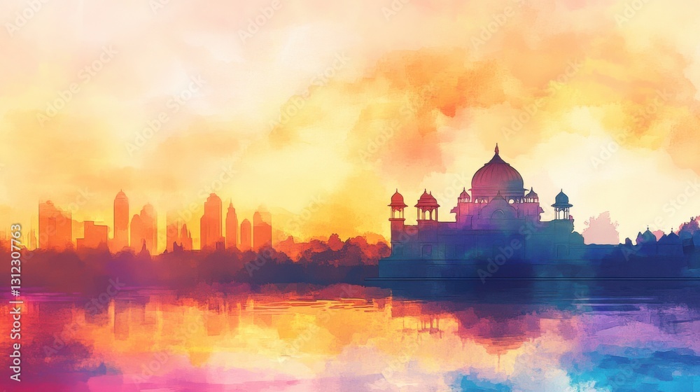 Obraz premium Watercolor illustration of Indian temples with lake reflection
