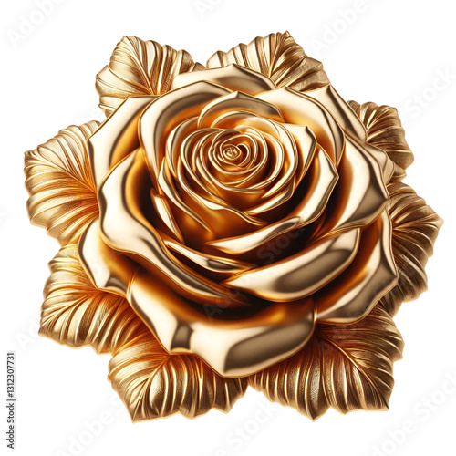 Golden metallic rose blossom close up, featuring intricate petal details with a shiny, polished finish. It represents beauty and luxury. isolated on white background