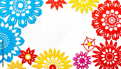 Colorful papel picado banners showcasing intricate flower designs, celebration