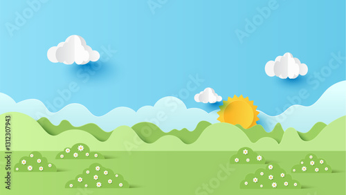 Vector illustration of park scenery with mountain and cloud sky on a sunny day. Paper cut and craft style illustration