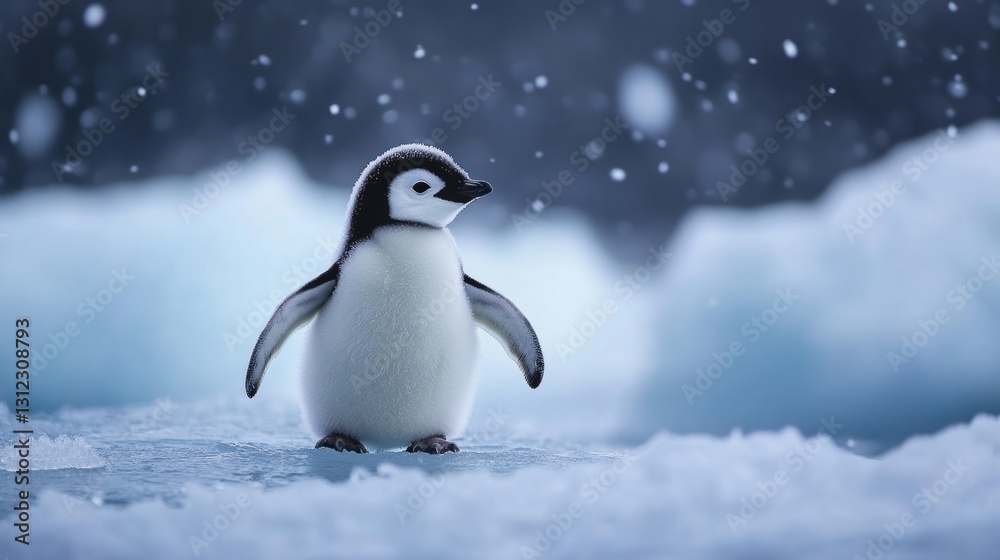 Fototapeta premium Adorable baby penguin standing on an icy surface, with soft feathers generative ai
