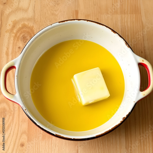 melted butter on enameled dish