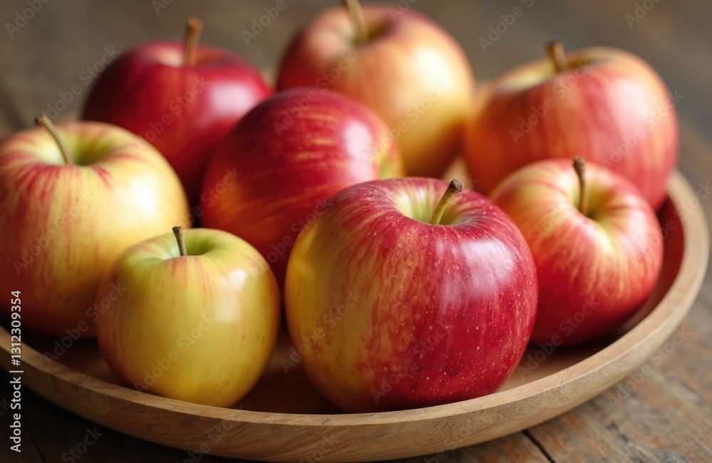 Close-up of fresh apples on wooden plate. Red and yellow apple variety with healthy, colorful fruit selection. Harvest of sweet, ripe fruits full of vitamins. Perfect ingredient for vegetarian diet. Close-up of fresh apples on wooden plate. Red and yellow apple variety with healthy, colorful fruit selection. Harvest of sweet, ripe fruits full of vitamins. Perfect ingredient for vegetarian diet.