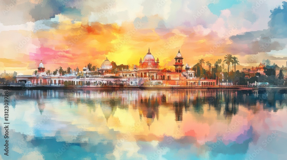 Naklejka premium Watercolor illustration of Indian temples with lake reflection