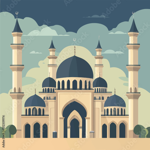 A flat 2D vector of a beautifully designed mosque with domes and minarets.