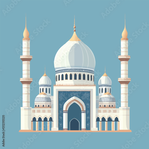 A flat 2D vector of a beautifully designed mosque with domes and minarets.