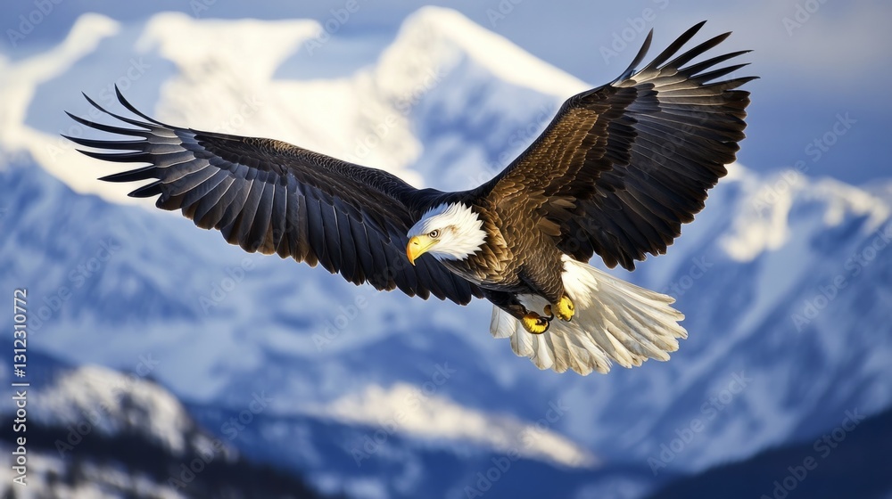 Bald eagle soaring high above the mountains, wings spread wide, dramatic sky in the background generative ai Bald eagle soaring high above the mountains, wings spread wide, dramatic sky in the background generative ai