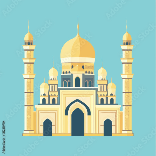A flat 2D vector of a beautifully designed mosque with domes and minarets.