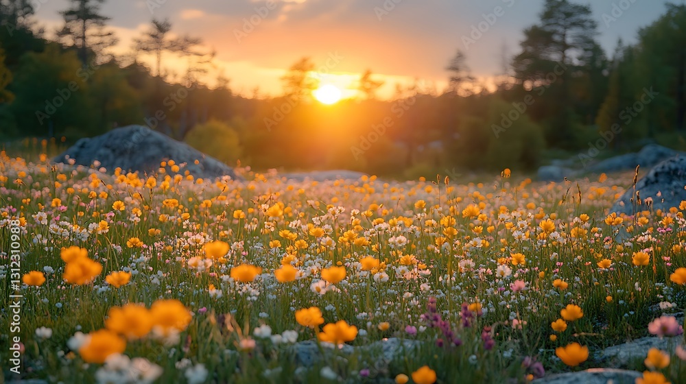 Fototapeta premium Sunset over a field of wildflowers.