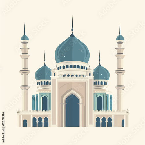A flat 2D vector of a beautifully designed mosque with domes and minarets.