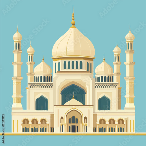 A flat 2D vector of a beautifully designed mosque with domes and minarets.