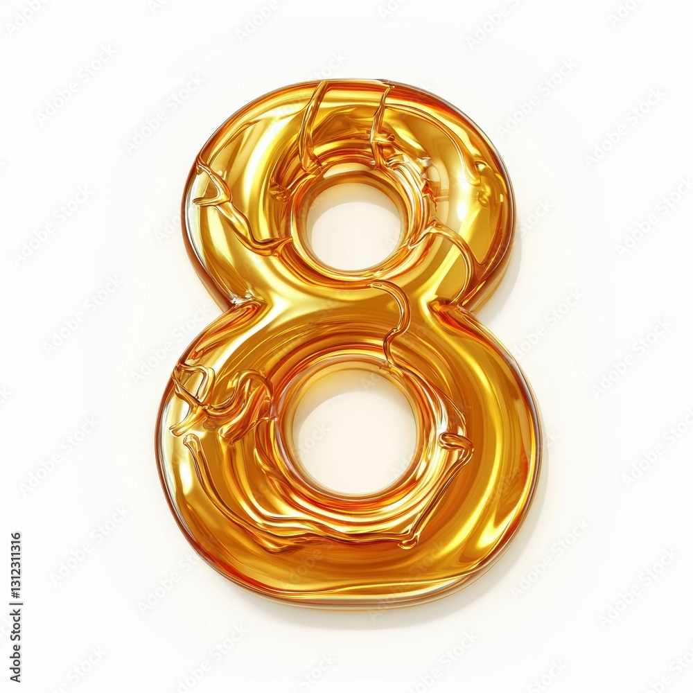 Of the number 8 made of molten gold with glossy liquid flow and high-shine reflections, isolated on a clean white background Of the number 8 made of molten gold with glossy liquid flow and high-shine reflections, isolated on a clean white background