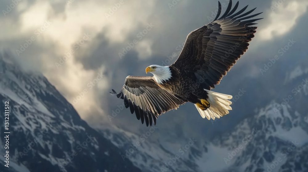 Bald eagle soaring high above the mountains, wings spread wide, dramatic sky in the background generative ai Bald eagle soaring high above the mountains, wings spread wide, dramatic sky in the background generative ai