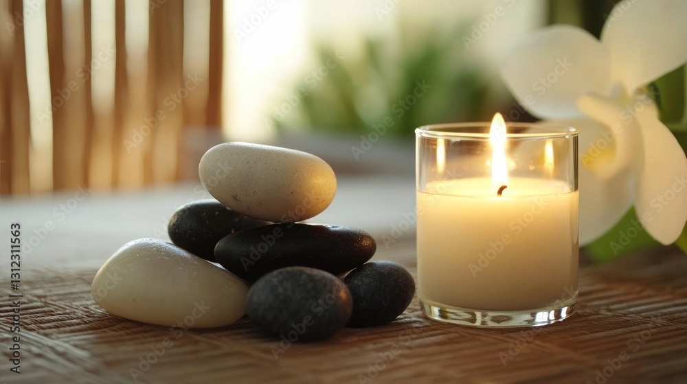 Candle next to stacked stones, spa concept Candle next to stacked stones, spa concept