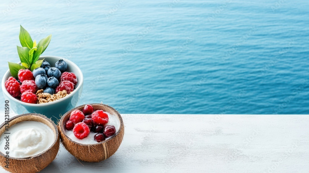 Coastal Berry Breakfast: A refreshing and healthy breakfast featuring yogurt parfaits with mixed berries and granola, set against a stunning ocean backdrop. Coastal Berry Breakfast: A refreshing and healthy breakfast featuring yogurt parfaits with mixed berries and granola, set against a stunning ocean backdrop.