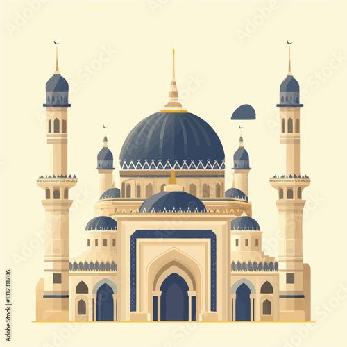 A flat 2D vector of a beautifully designed mosque with domes and minarets.