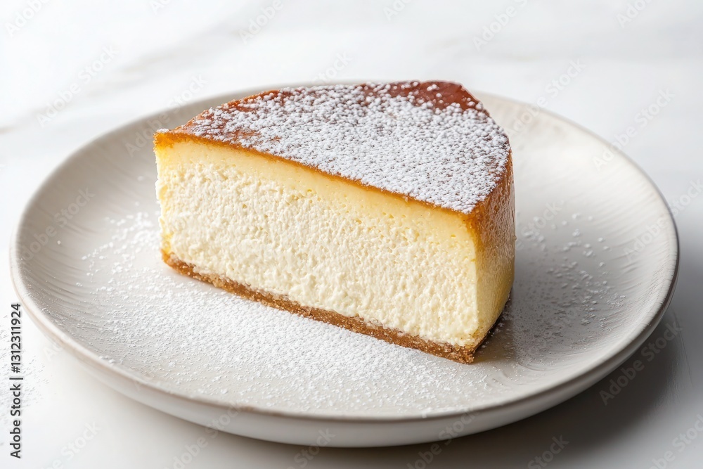 A slice of Japanese cotton cheesecake with a delicate, fluffy texture and a light dusting of powdered sugar A slice of Japanese cotton cheesecake with a delicate, fluffy texture and a light dusting of powdered sugar