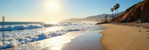 Sun-drenched Santa Monica beach, waves crashing on shore, surf, sand, beach