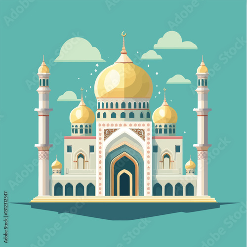 A flat 2D vector of a beautifully designed mosque with domes and minarets.
