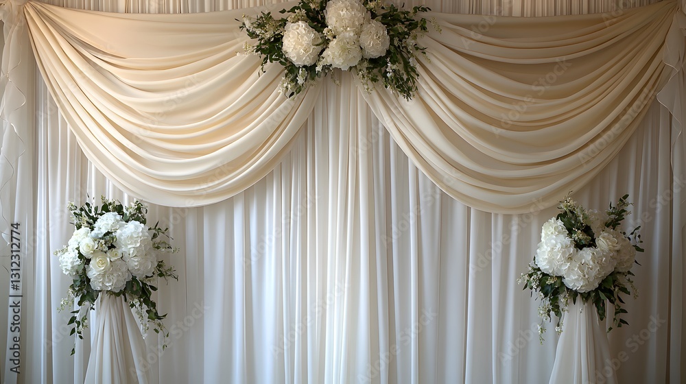 Elegant white fabric backdrop with floral arrangements for a special occasion Elegant white fabric backdrop with floral arrangements for a special occasion