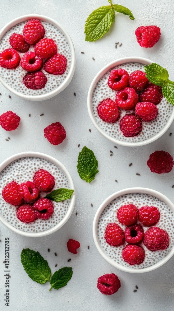 Fresh raspberry chia pudding served in bowls with mint leaves on a textured white surface Fresh raspberry chia pudding served in bowls with mint leaves on a textured white surface