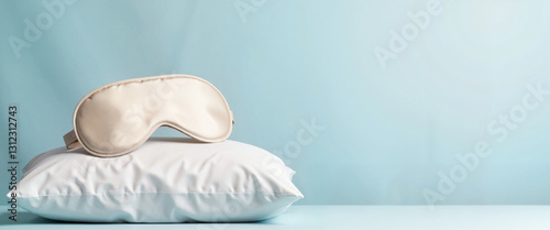 Silk sleep mask and pillow on soft blue bed, deep sleep comfort