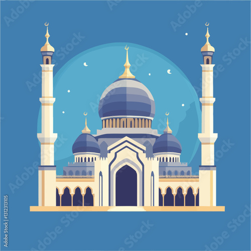 A flat 2D vector of a beautifully designed mosque with domes and minarets.