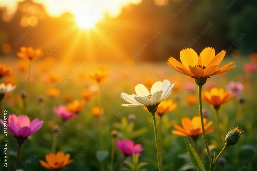 Fototapeta premium Vibrant wildflowers bathed in golden sunrise light , blossom, flora
