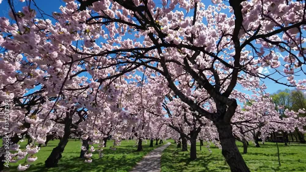Delicate pink cherry blossoms flourishing along serene alley, bathing in warm sunlight and creating mesmerizing springtime landscape with soft petals and vibrant natural beauty Delicate pink cherry blossoms flourishing along serene alley, bathing in warm sunlight and creating mesmerizing springtime landscape with soft petals and vibrant natural beauty