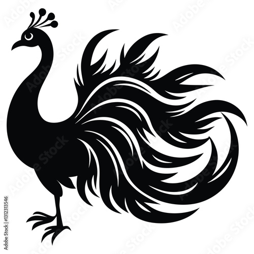Elegant Peacock Black Silhouette, Graceful Peacock Icon on Clean White Background, Stylish Tattoo Design, Logo, and Vector Illustration