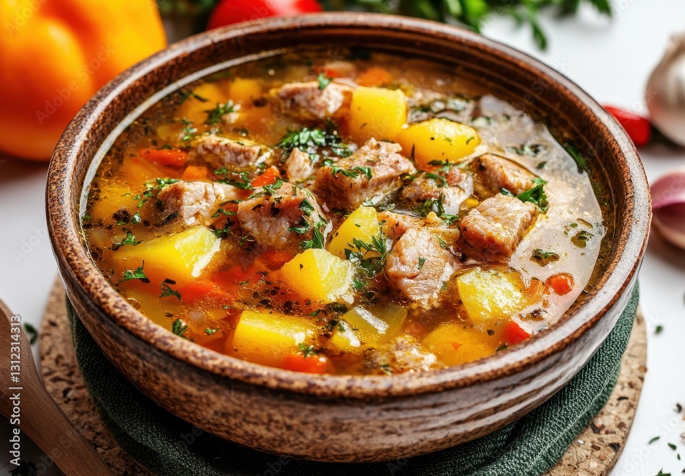 Hearty vegetable stew with tender chunks of meat, fresh herbs, and vibrant colors served in a rustic bowl with seasonal ingredients on display Hearty vegetable stew with tender chunks of meat, fresh herbs, and vibrant colors served in a rustic bowl with seasonal ingredients on display