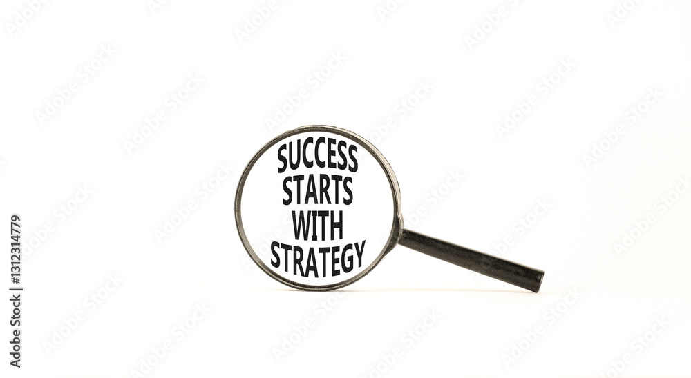 Success starts with strategy symbol. Concept words Success starts with strategy on beautiful magnifying glass. Beautiful white background. Business and success starts with strategy concept. Copy space Success starts with strategy symbol. Concept words Success starts with strategy on beautiful magnifying glass. Beautiful white background. Business and success starts with strategy concept. Copy space