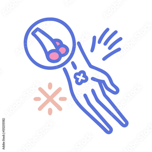 Illustration of hand with joint pain relief symbol and signs for health awareness on white background
