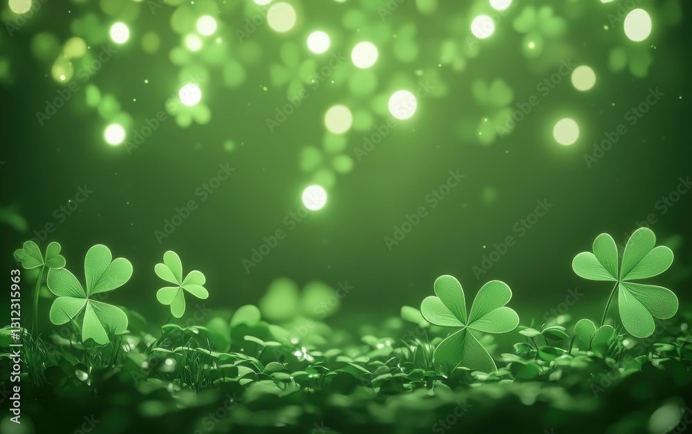 Saint Patrick Day 3d background minimalistic mockup with space for text, fantasy glowing four-leaf clovers background Saint Patrick Day 3d background minimalistic mockup with space for text, fantasy glowing four-leaf clovers background