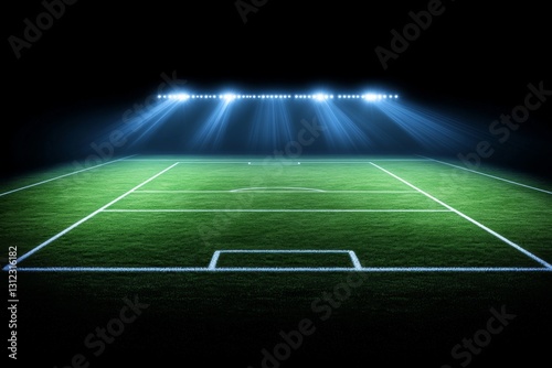 Illuminated soccer field with bright floodlights and vibrant green grass