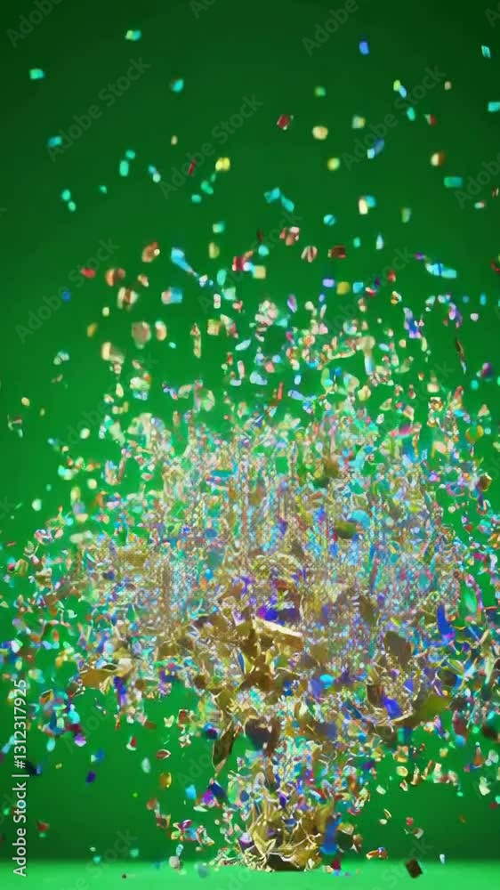 Vibrant confetti explosion against a green backdrop showcasing dynamic movement and kaleidoscopic colors