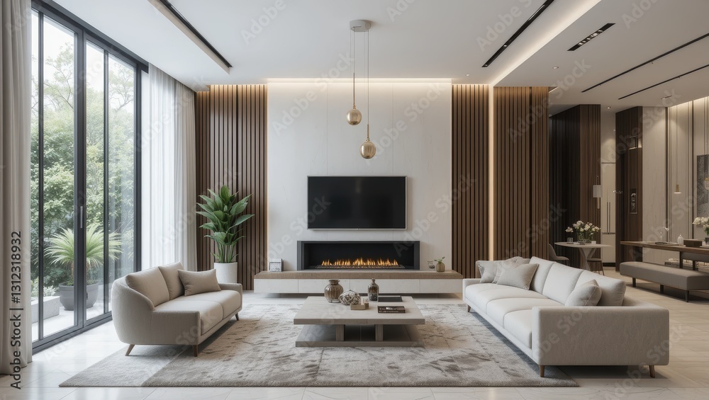 Fototapeta premium Modern Minimalist Living Room Interior Design with Cozy Furniture and Natural Light
