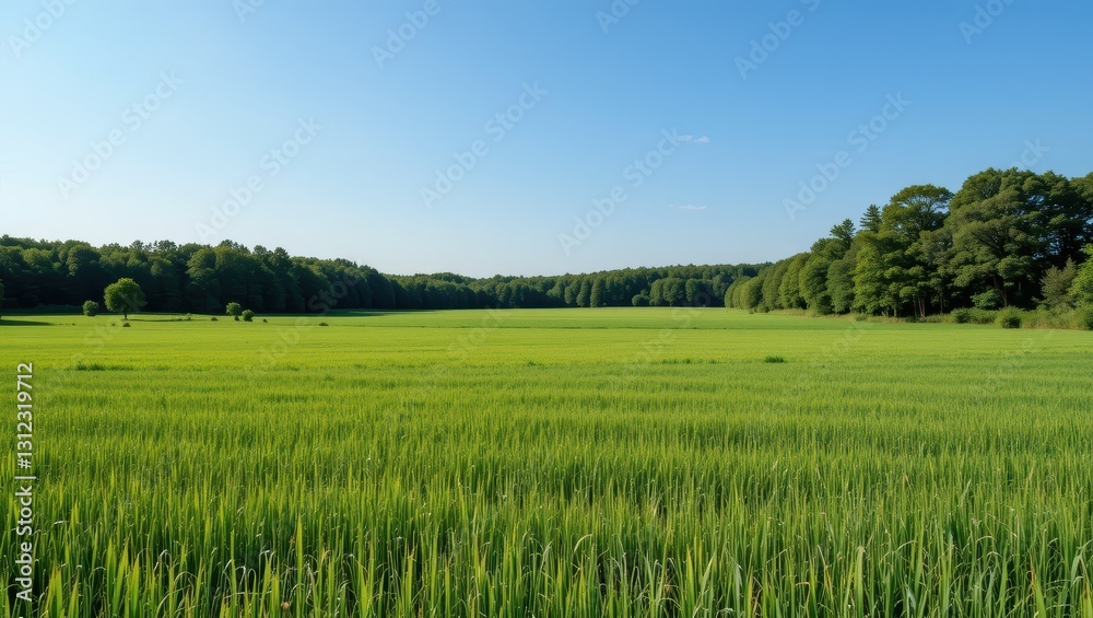 Fototapeta premium Vast Green Field Under Clear Blue Sky Surrounded by Lush Trees in a Peaceful Landscape