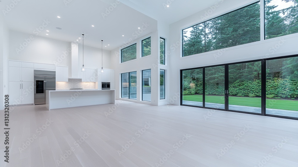 Obraz premium Modern Minimalist Kitchen with Expansive Windows and Backyard View