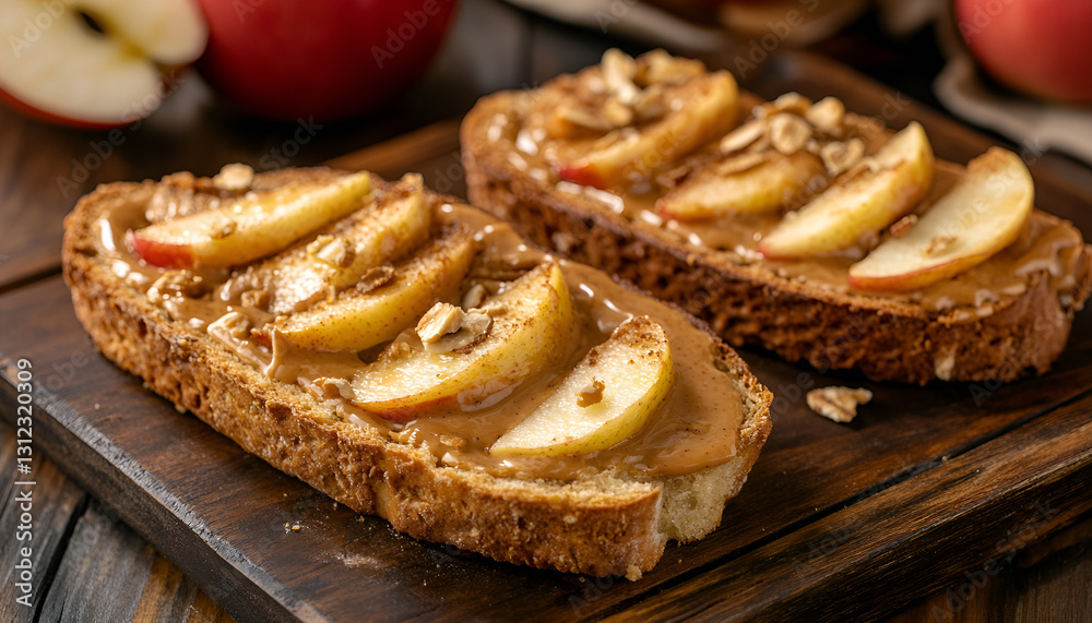 Peanut butter bread with apples on a wooden tray Peanut butter bread with apples on a wooden tray