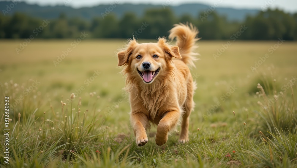 Naklejka premium Happy Golden Dog Running Joyfully Through Lush Green Field Under Clear Sky