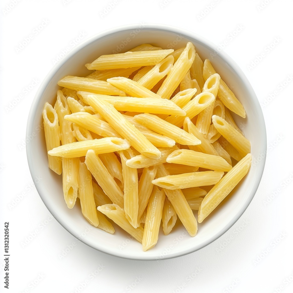 Overhead close up of a bowl of cooked penne pasta. The pasta is light yellow and sits in a simple white bowl against a white background Overhead close up of a bowl of cooked penne pasta. The pasta is light yellow and sits in a simple white bowl against a white background