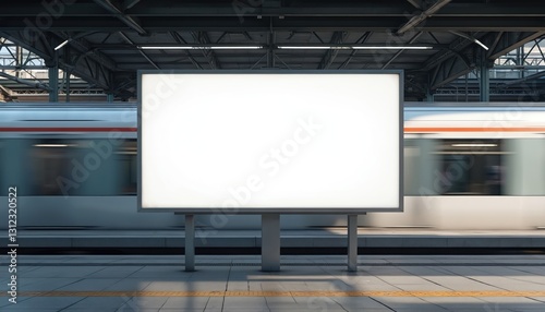 Blank billboard at train station platform with moving train in background. Mockup of advertising banner, billboard screen for marketing campaign. Urban transport infrastructure at railroad station. photo