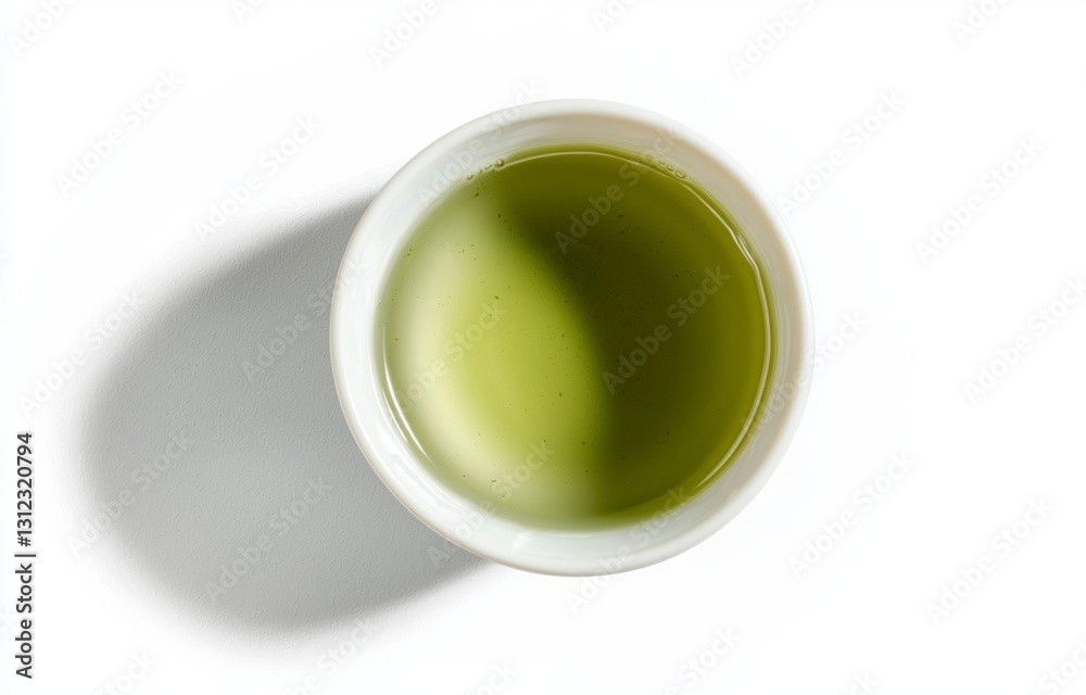 Overhead view of a small white bowl filled with light green tea against a white background. Soft light casts a subtle shadow Overhead view of a small white bowl filled with light green tea against a white background. Soft light casts a subtle shadow