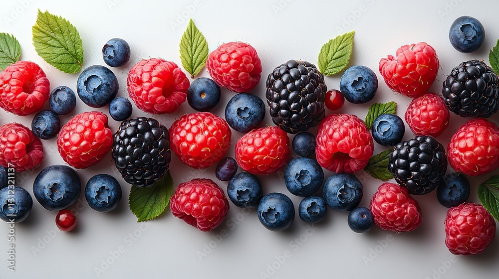 a vibrant mix of wild berries featuring plump raspberries juicy blueberries and rich blackberries arranged artfully on a white background a vibrant mix of wild berries featuring plump raspberries juicy blueberries and rich blackberries arranged artfully on a white background