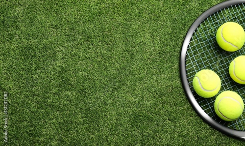 Tennis racket and balls on green grass, flat lay. Space for text. Yellow tennis ball and racket on green sports field with artificial grass covering. Healthy lifestyle concept. Background, template.