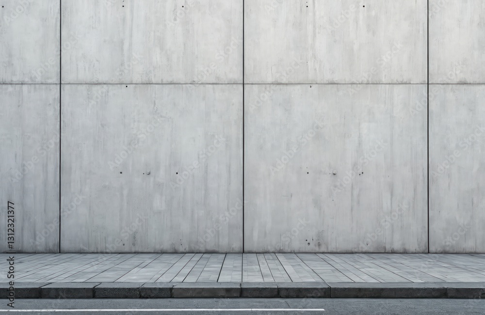 Large grey wall of building over tiled sidewalk at city street. Concrete facade, empty blank urban background for mock up, poster or billboard design template. Nobody outside facility.