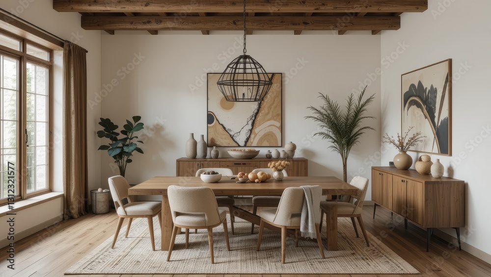 Fototapeta premium Stylish Dining Room Interior Featuring Wooden Furniture and Earthy Decor with Modern Artwork