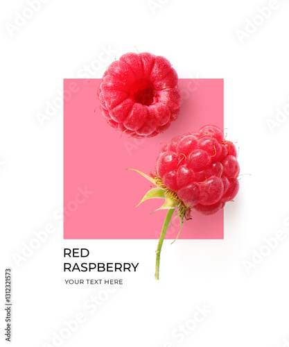 Creative layout made of raspberry on the pink and white background. Flat lay. Food concept. Raspberry on white background.